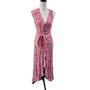 Poupette St Barth Long Maxi Wrap Dress Pink Floral Sleeveless Resort Wear Medium